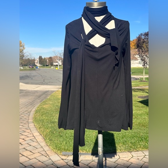 BLACK VERSATILE MOCK NECK TIE TUNIC TOP BLOUSE MEDIUM - Picture 6 of 8